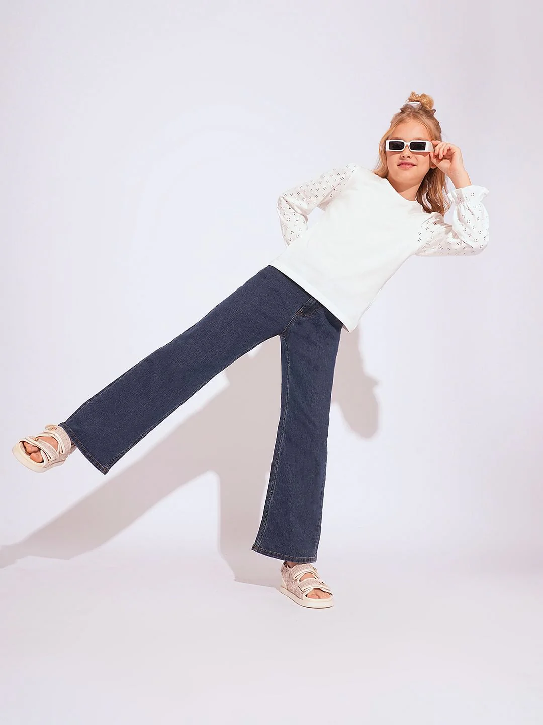 Girls Dark Blue High Rise Wide Leg Jeans