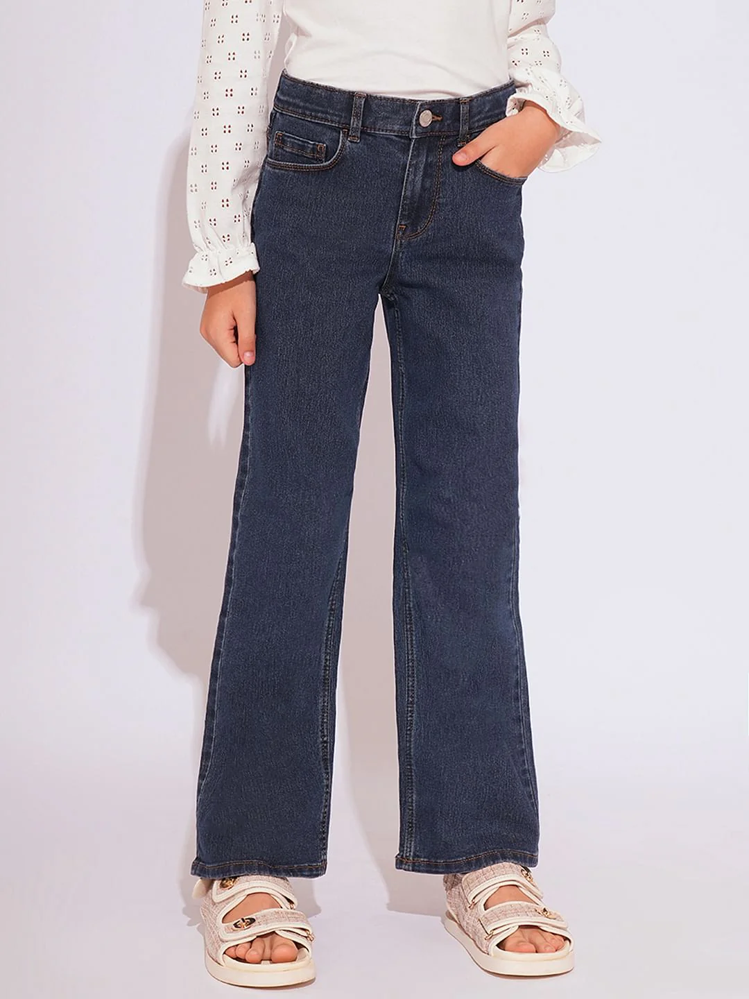 Girls Dark Blue High Rise Wide Leg Jeans - Image 2