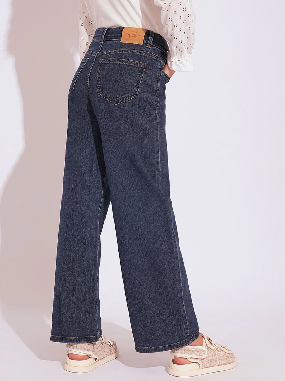 Girls Dark Blue High Rise Wide Leg Jeans - Image 3