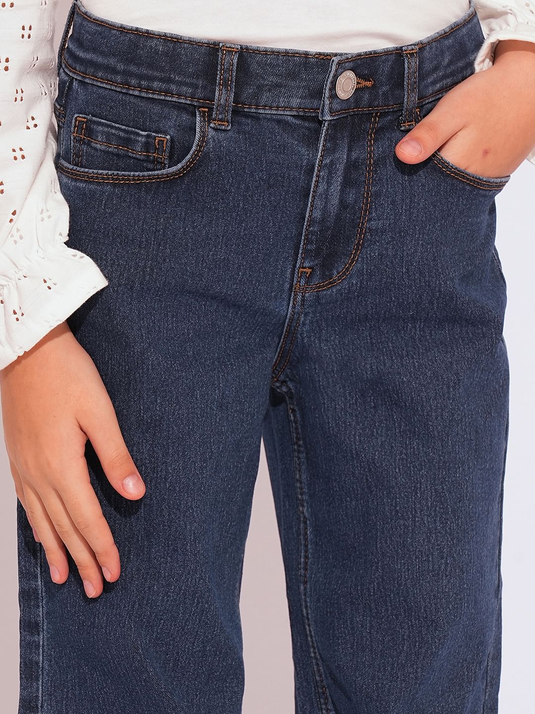 Girls Dark Blue High Rise Wide Leg Jeans - Image 4