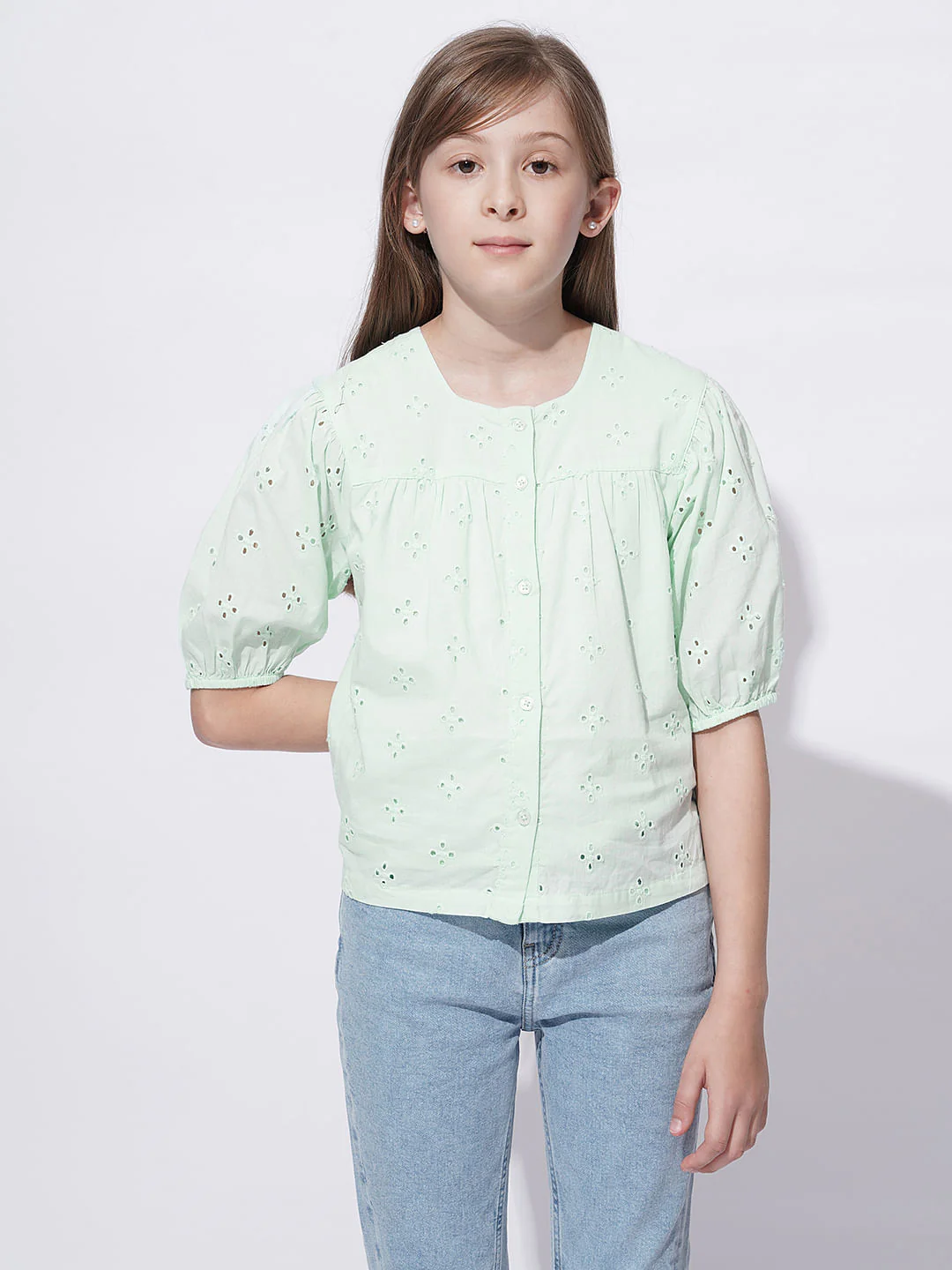 Girls Mint Green Schiffli Cotton Top - Image 2