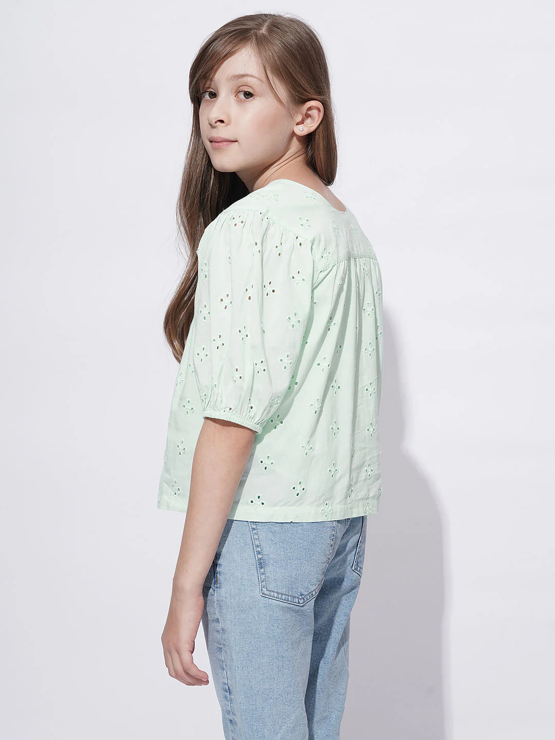 Girls Mint Green Schiffli Cotton Top - Image 3