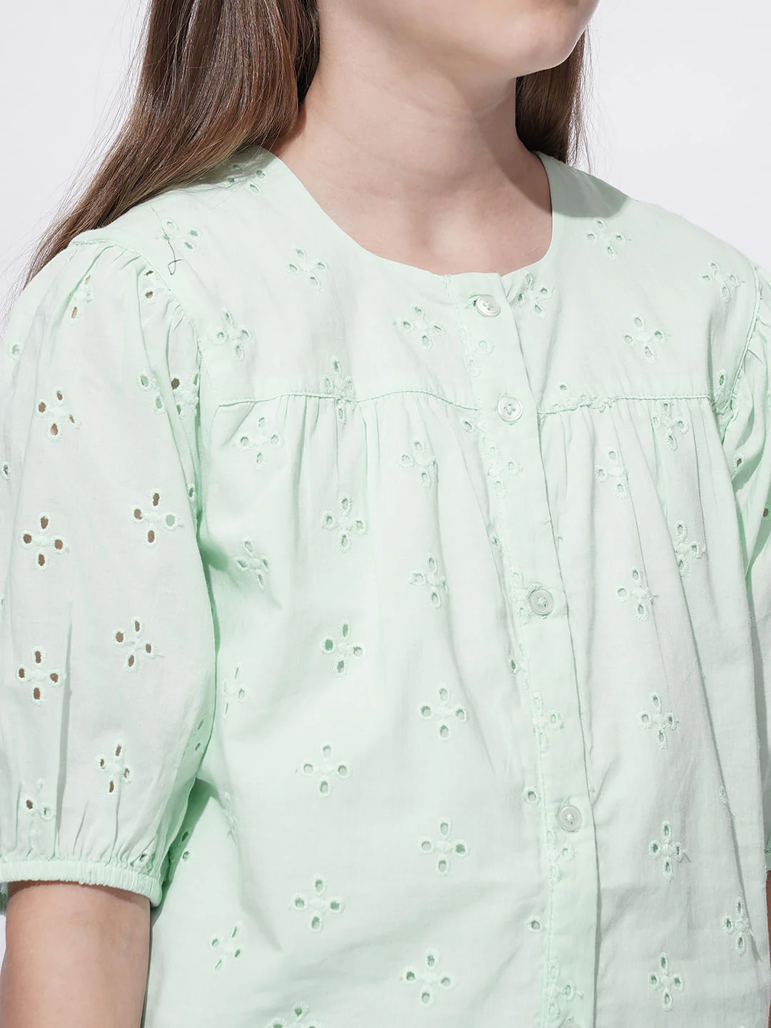 Girls Mint Green Schiffli Cotton Top - Image 4