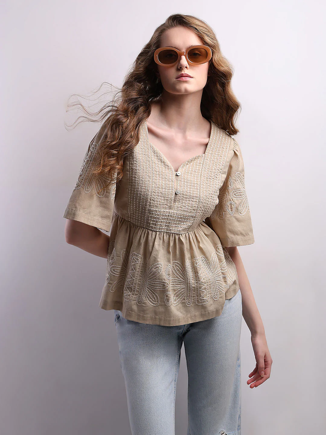 Beige Stitch Detail Peplum Top