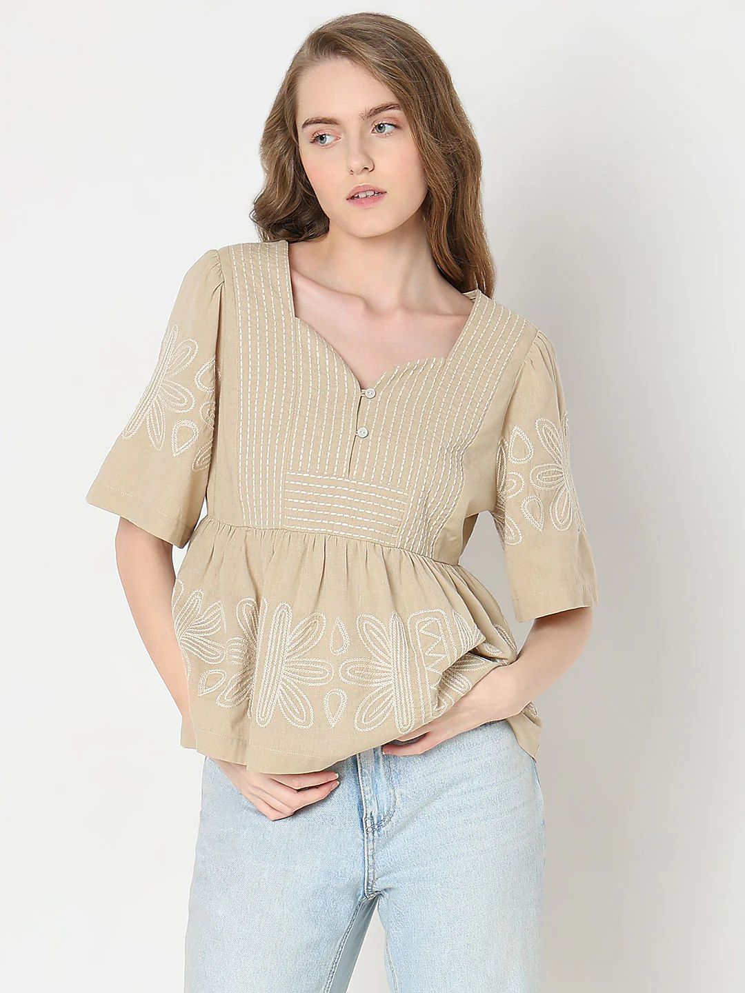 Beige Stitch Detail Peplum Top - Image 2