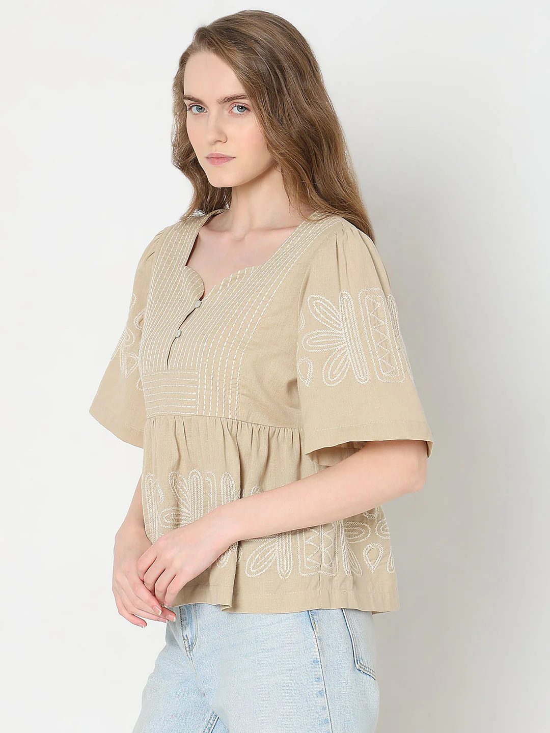 Beige Stitch Detail Peplum Top - Image 3