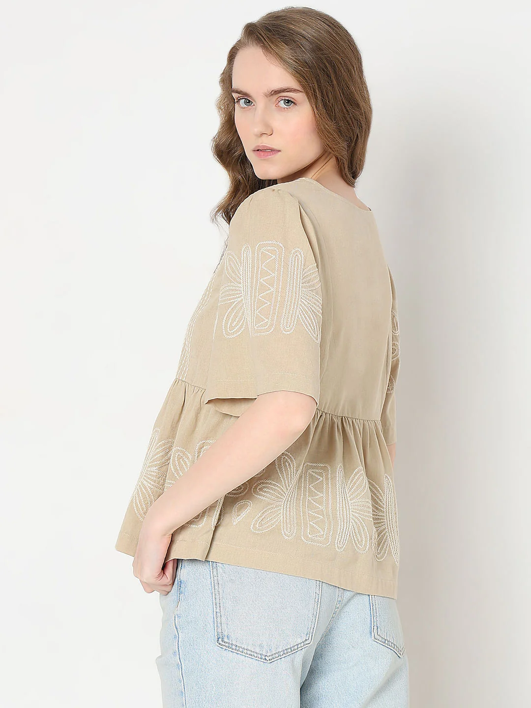 Beige Stitch Detail Peplum Top - Image 4