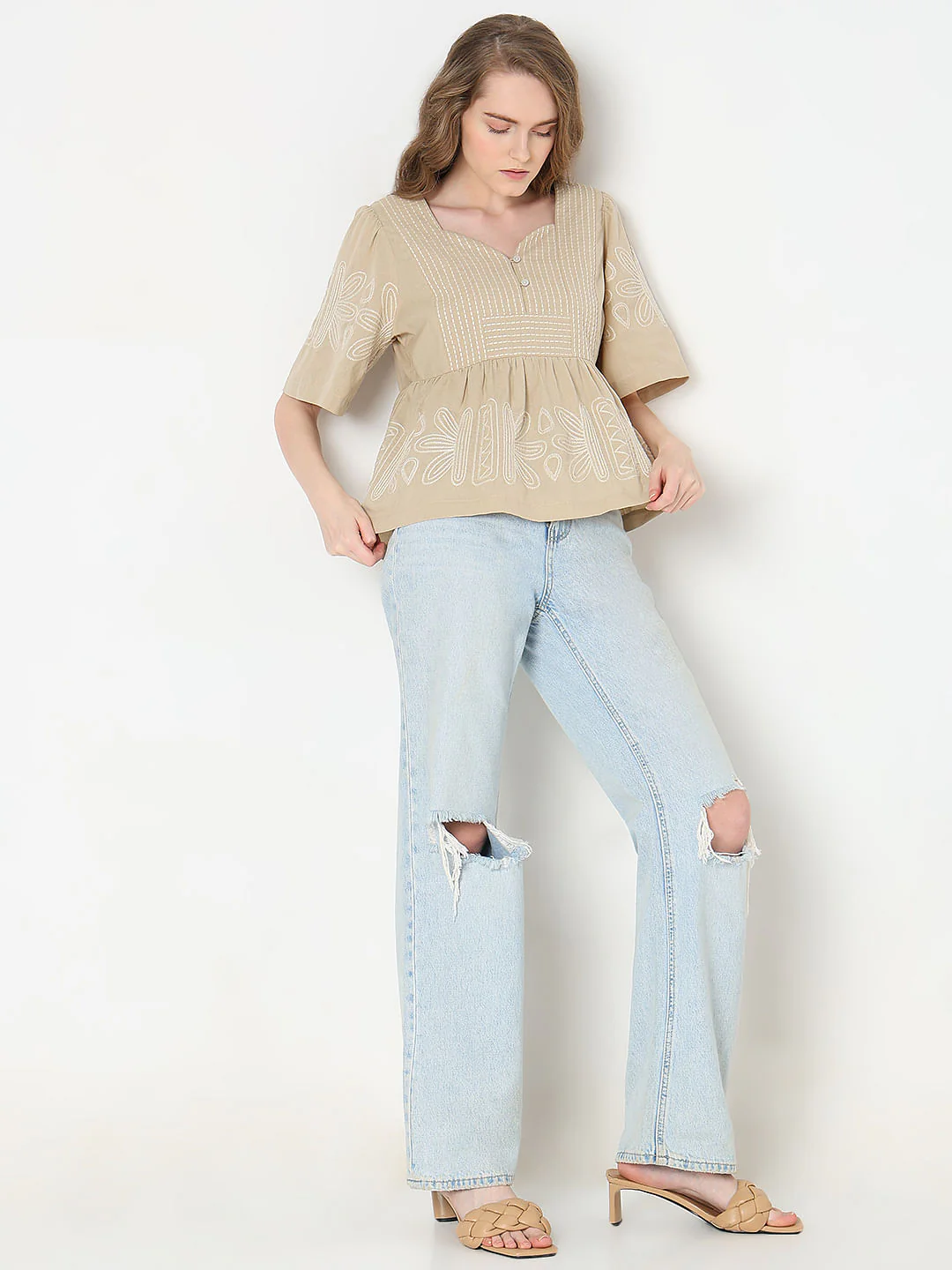 Beige Stitch Detail Peplum Top - Image 5