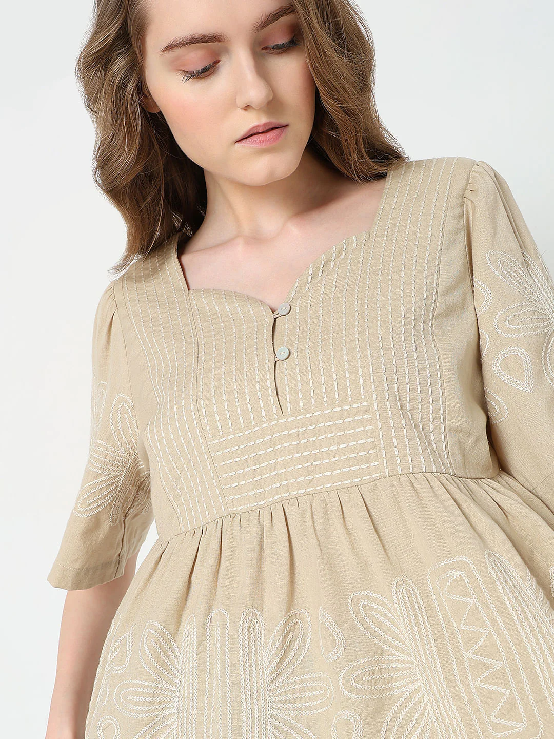 Beige Stitch Detail Peplum Top - Image 6
