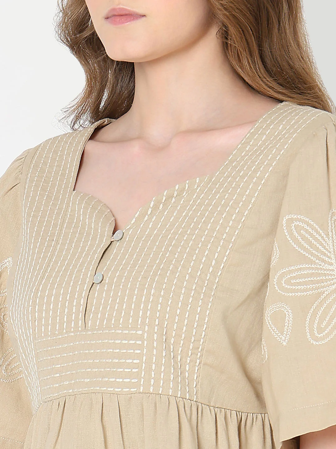 Beige Stitch Detail Peplum Top - Image 8