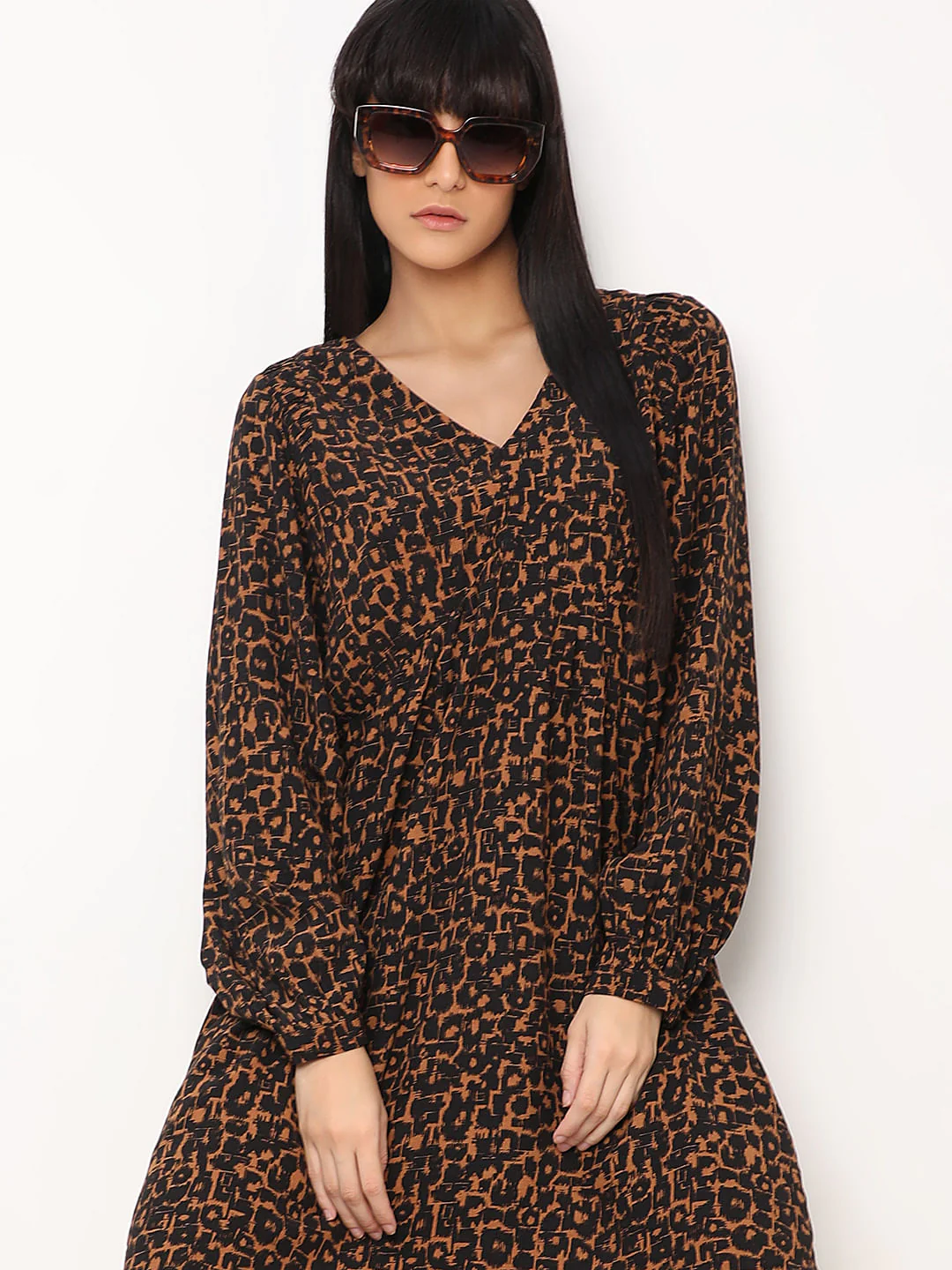 Brown Abstract Print Fit & Flare Dress