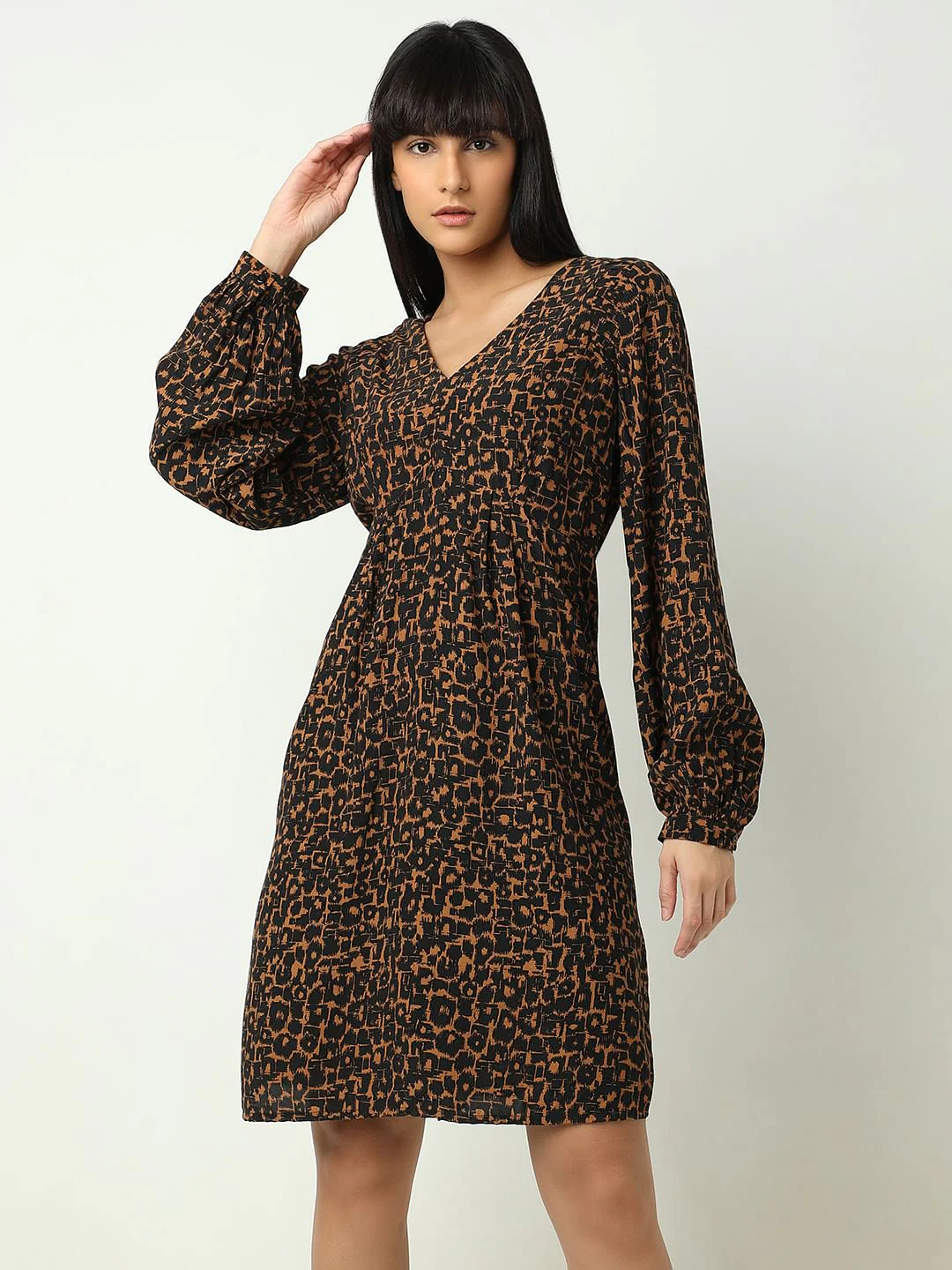 Brown Abstract Print Fit & Flare Dress - Image 2