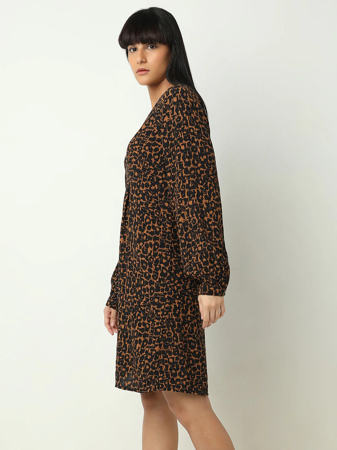 Brown Abstract Print Fit & Flare Dress - Image 3
