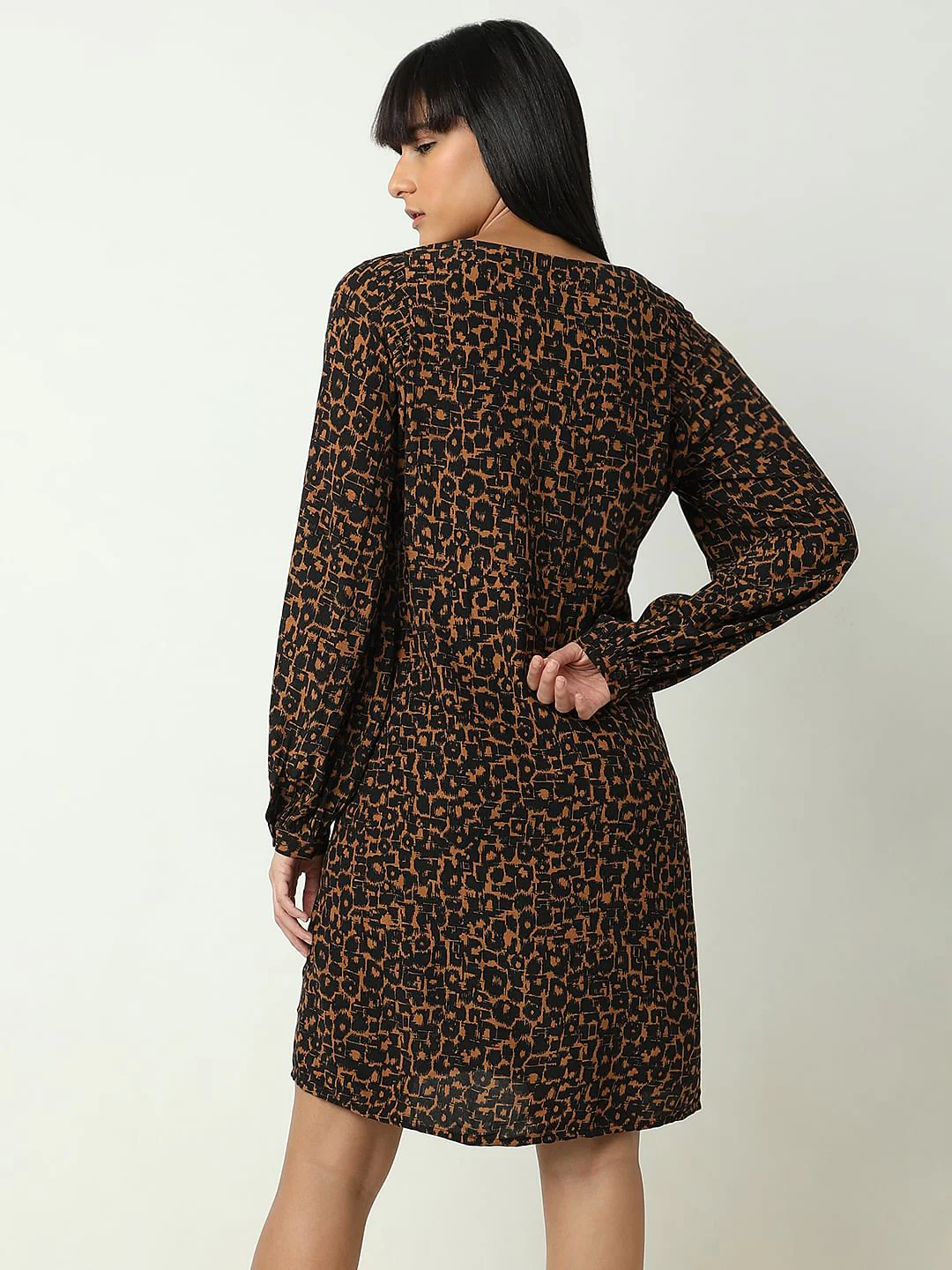 Brown Abstract Print Fit & Flare Dress - Image 4