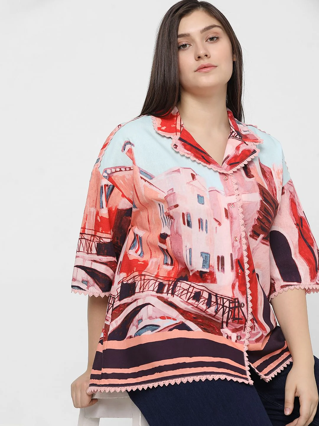 Curve Pink Amalfi Coast Print Shirt - Image 8