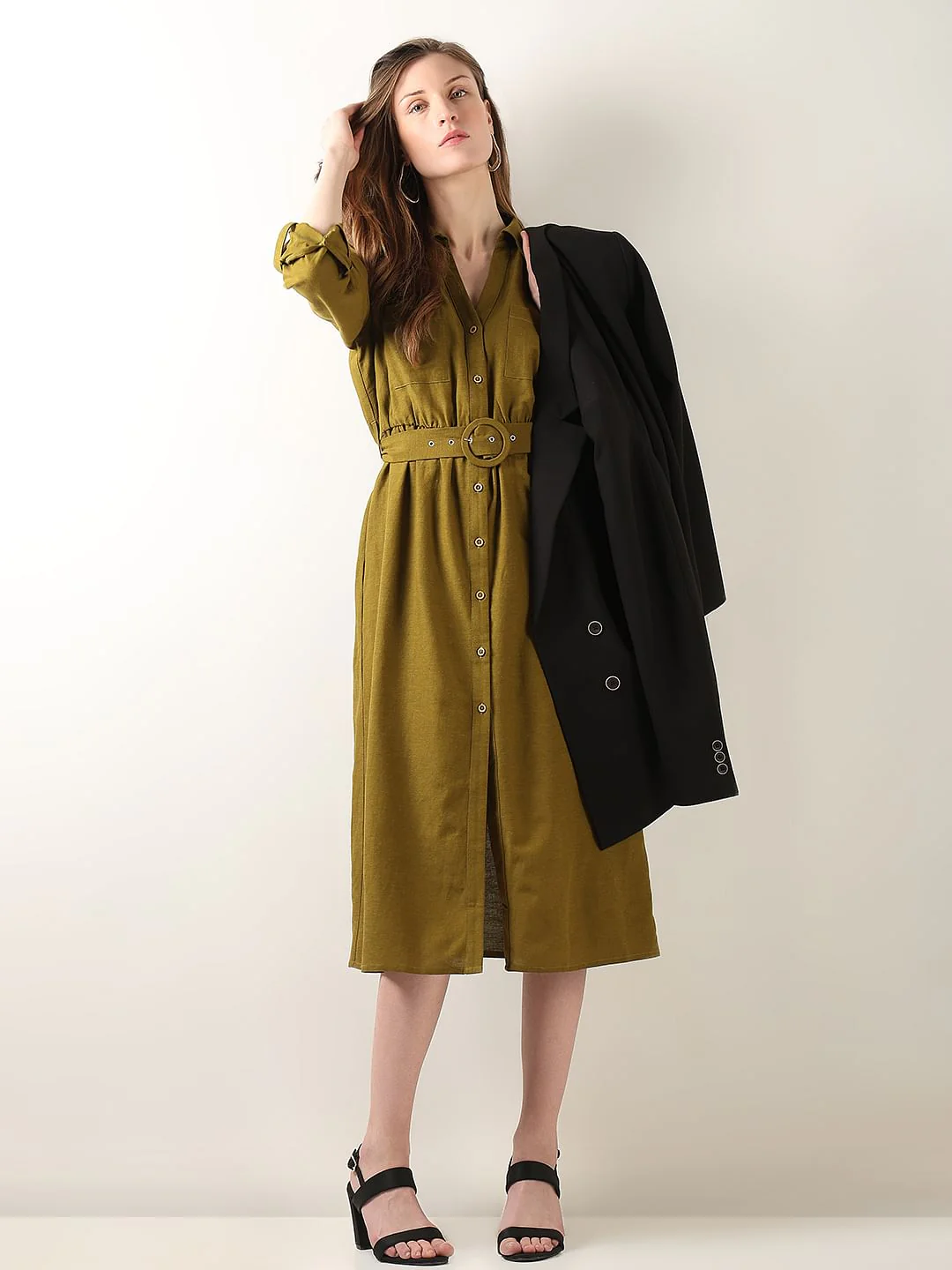 Olive Green Midi Shirt Dress