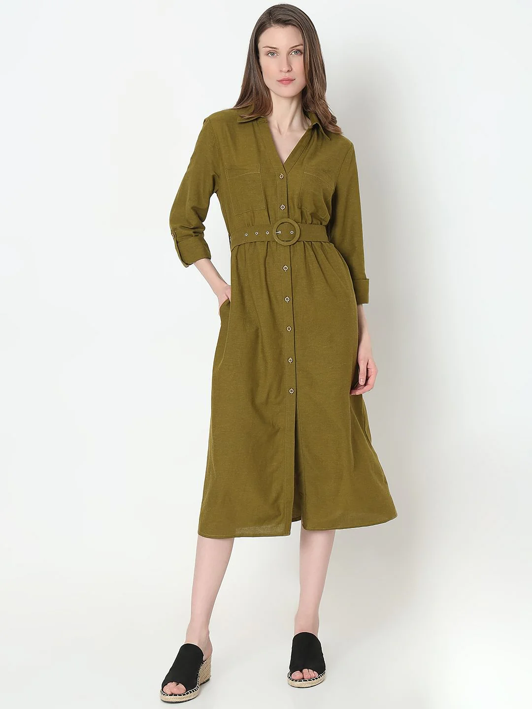 Olive Green Midi Shirt Dress - Image 2