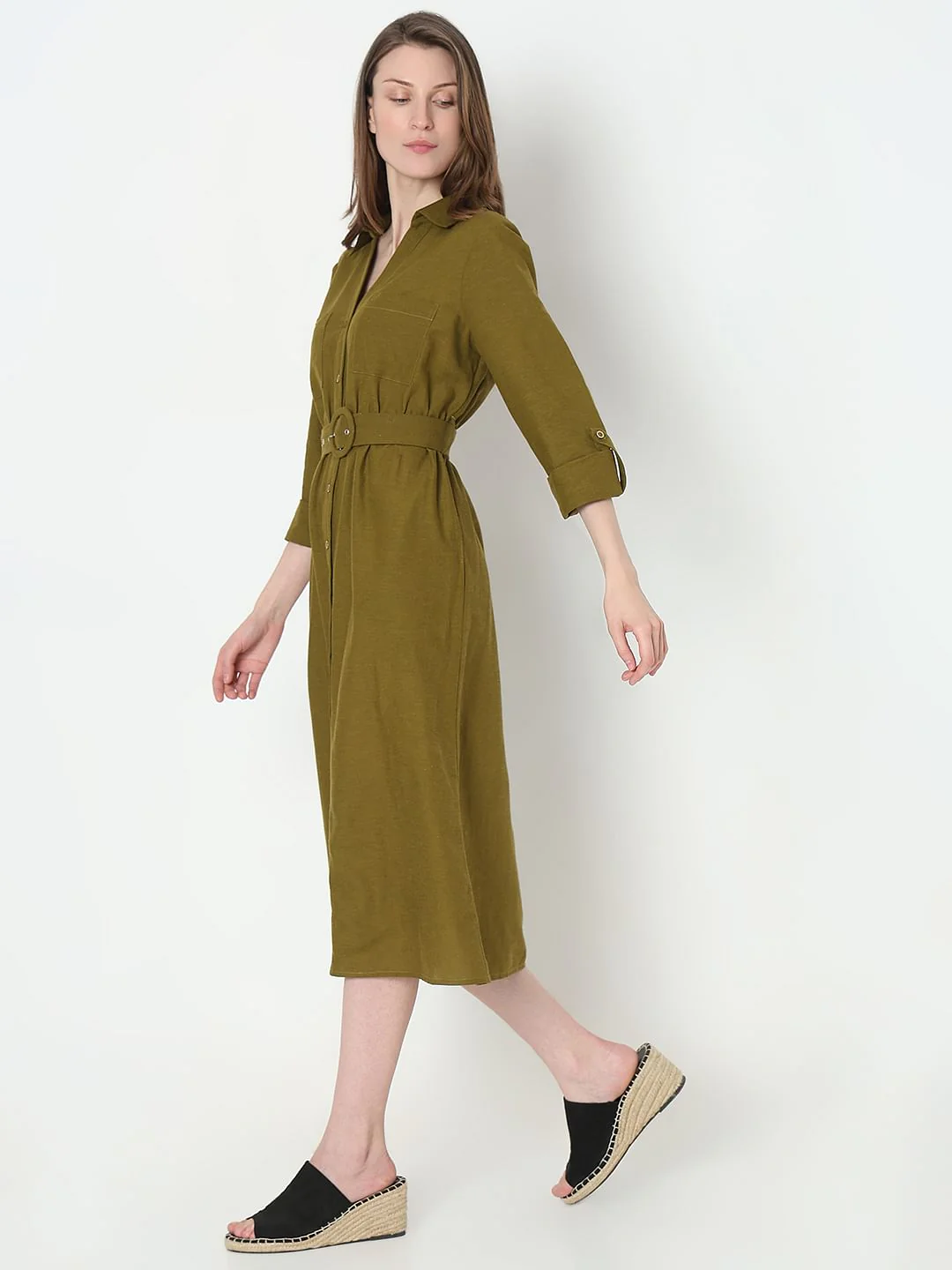 Olive Green Midi Shirt Dress - Image 3