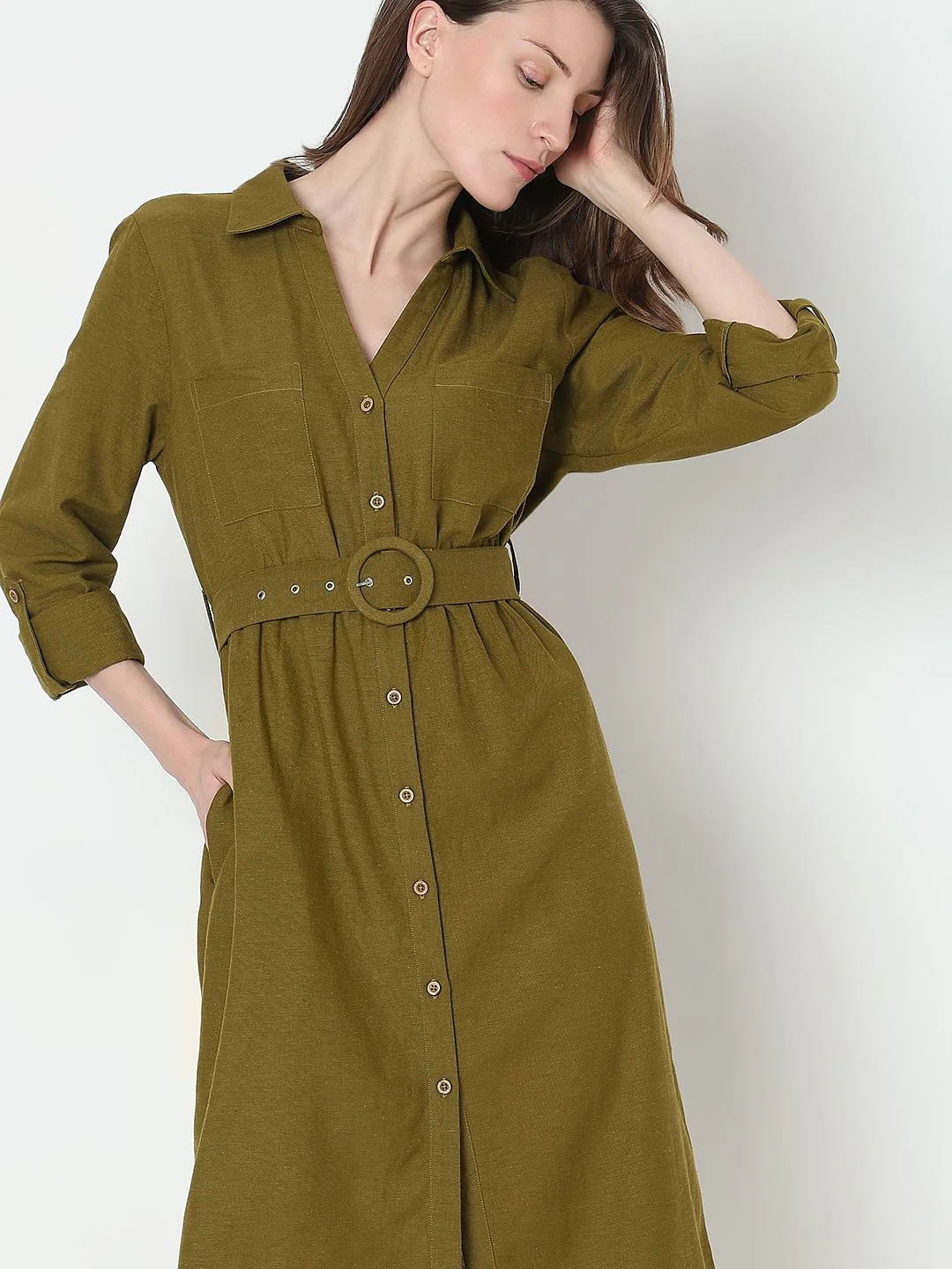 Olive Green Midi Shirt Dress - Image 5