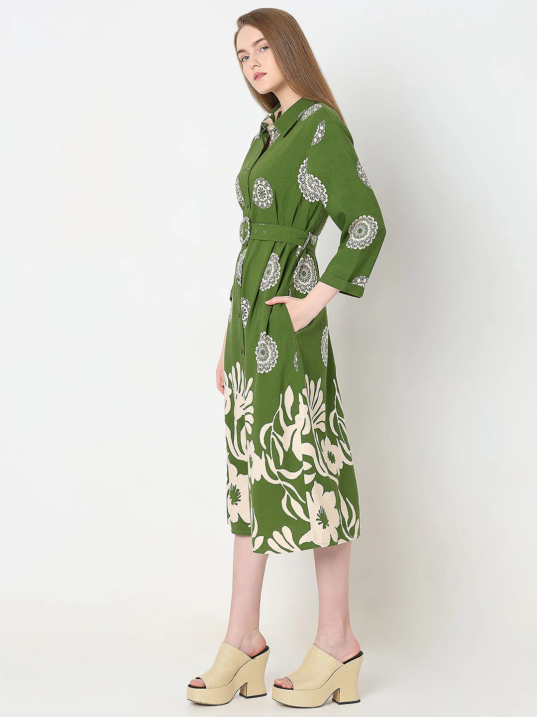 Green Printed Shirt Dress - Image 3