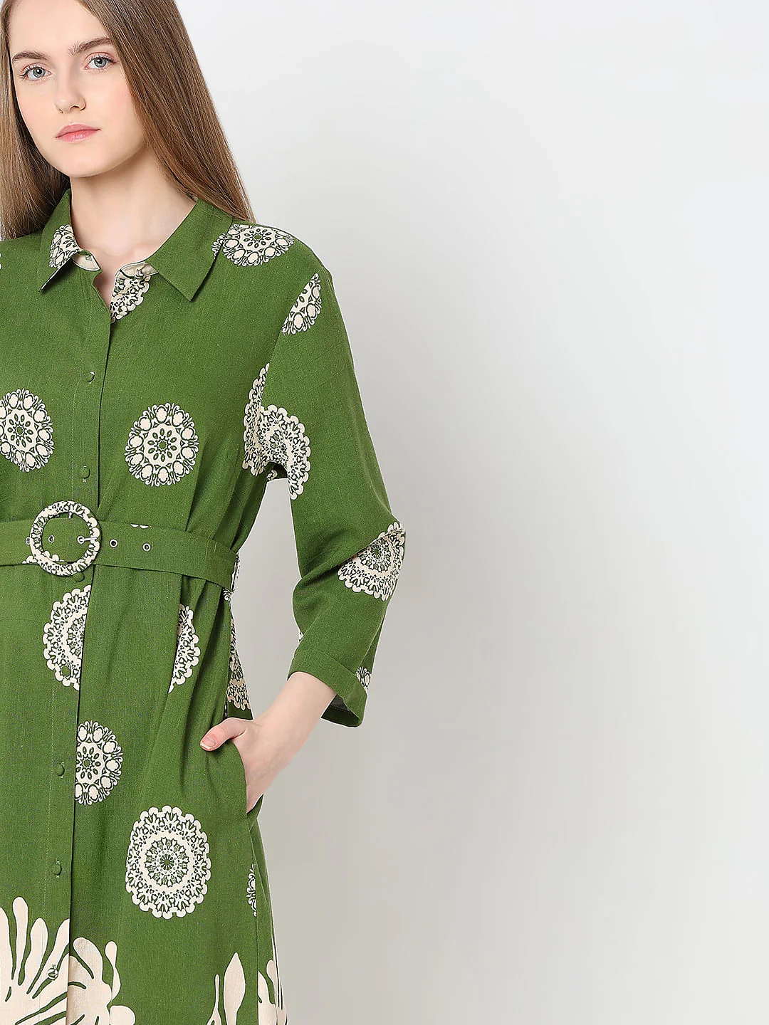 Green Printed Shirt Dress - Image 5