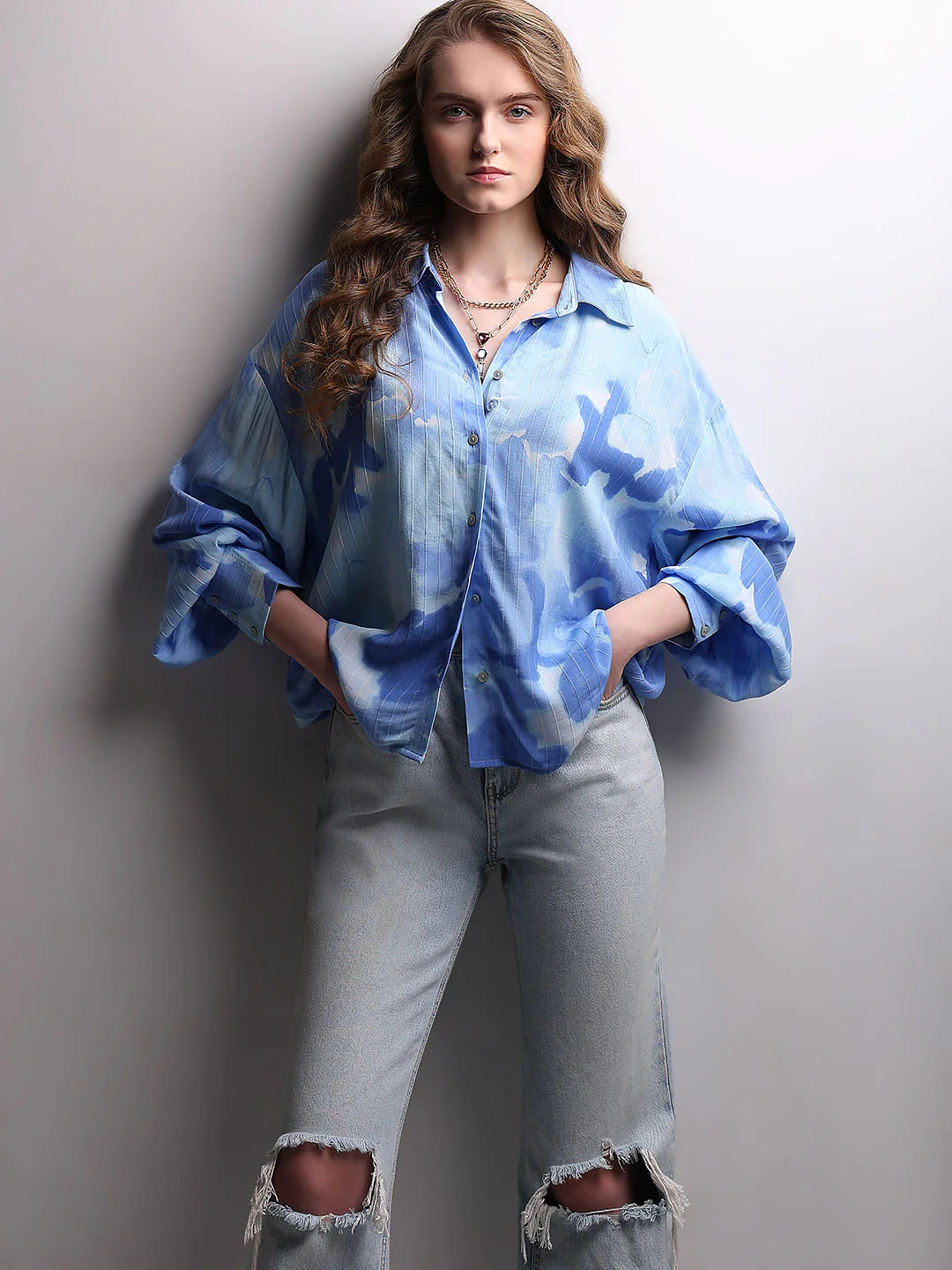 Blue Printed Asymmetric Shirt