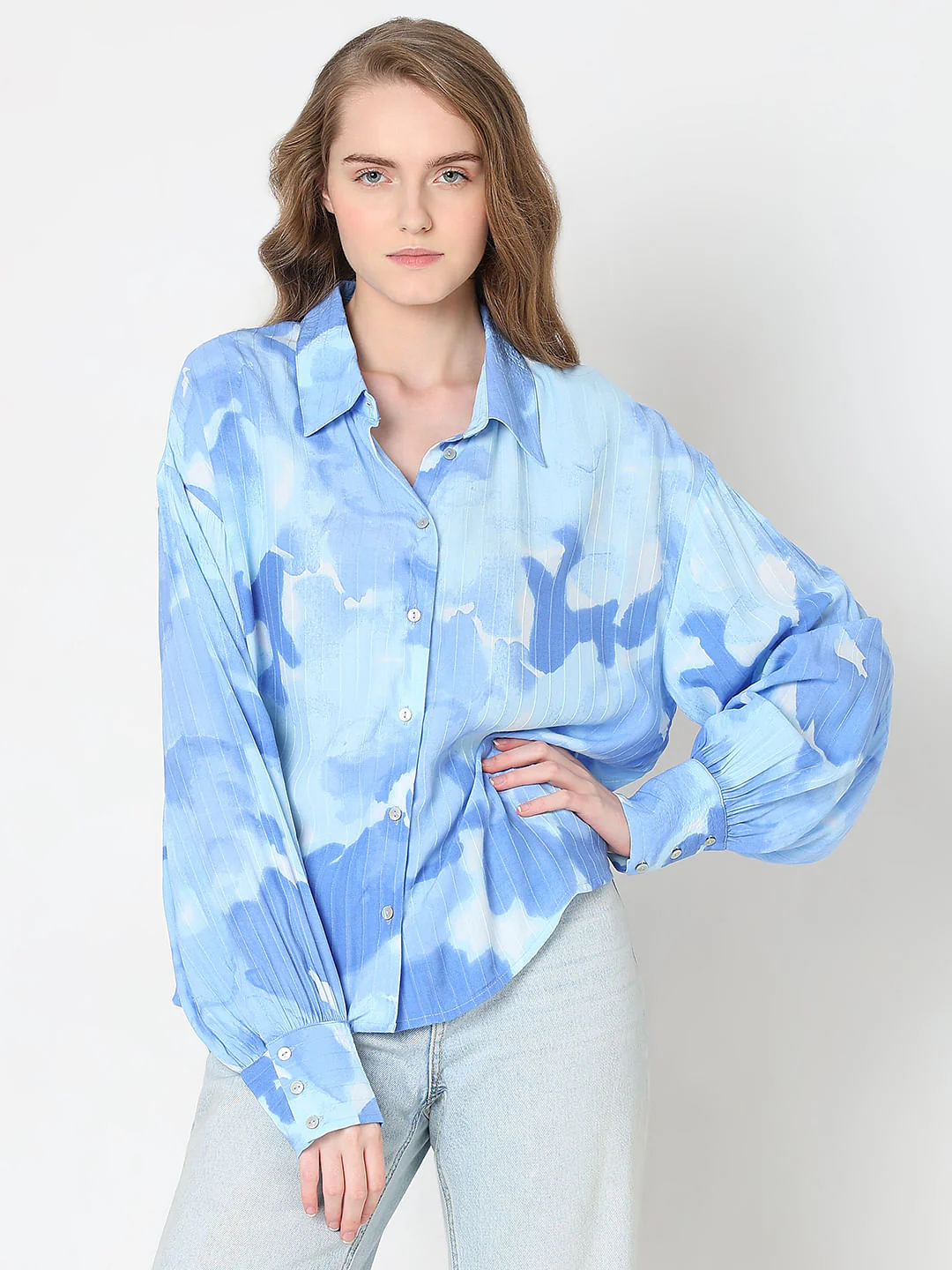 Blue Printed Asymmetric Shirt - Image 2
