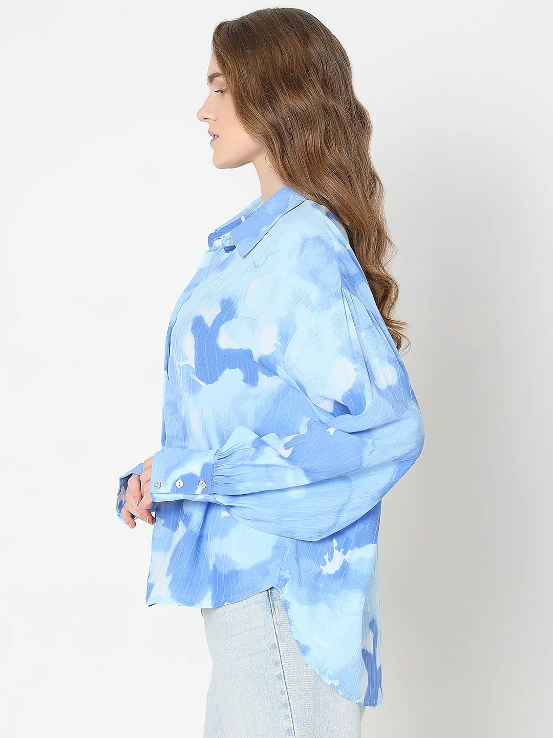Blue Printed Asymmetric Shirt - Image 3