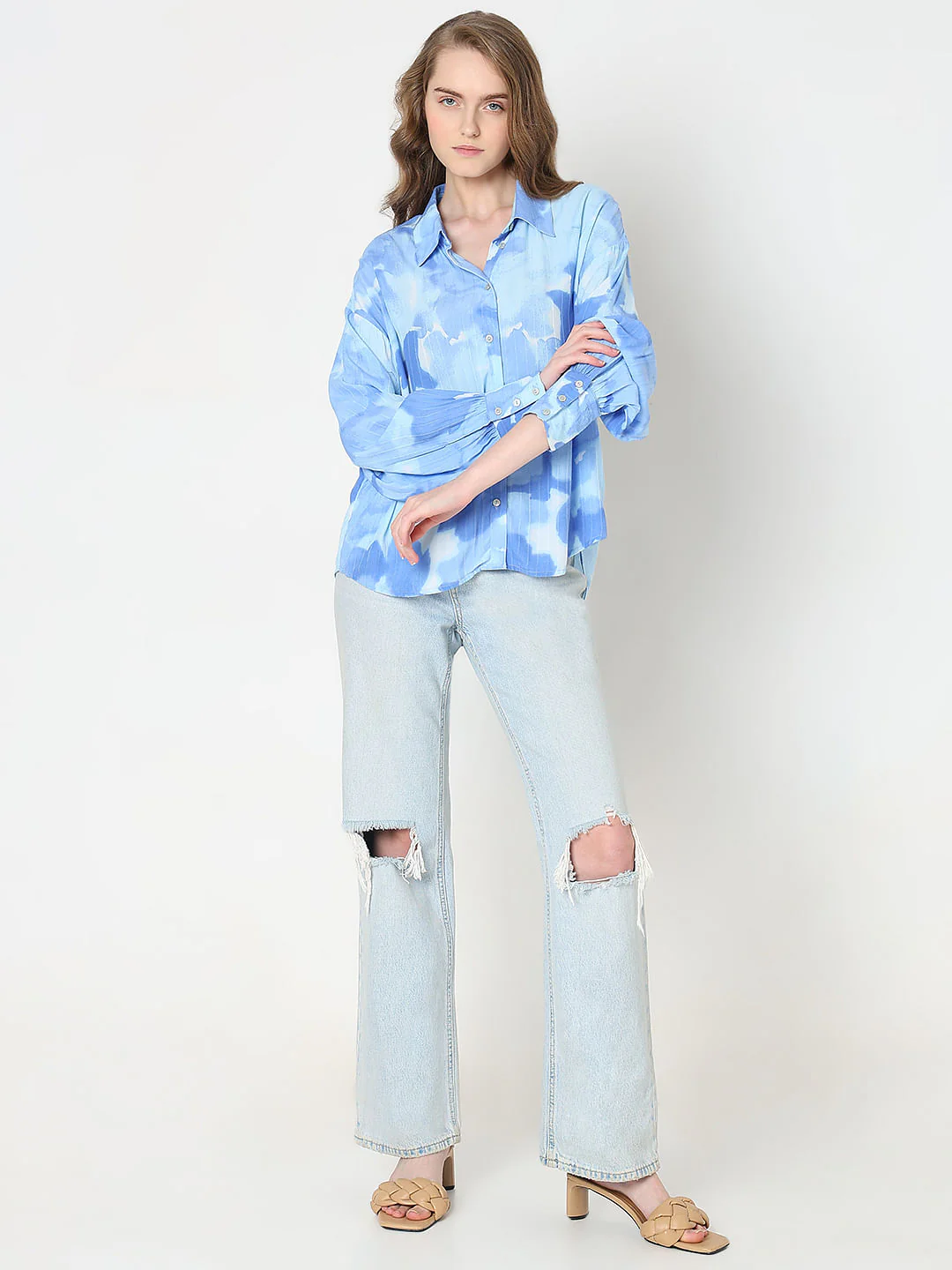 Blue Printed Asymmetric Shirt - Image 5