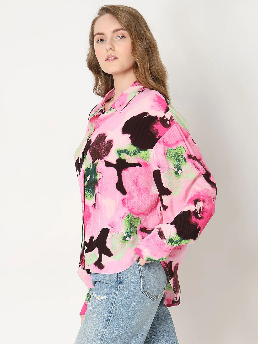 Pink Printed Asymmetric Shirt - Image 3