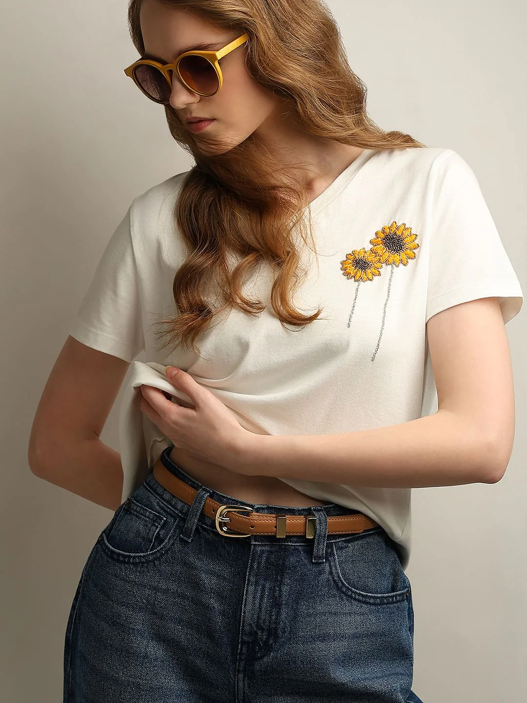 White Sunflower Printed T-Shirt