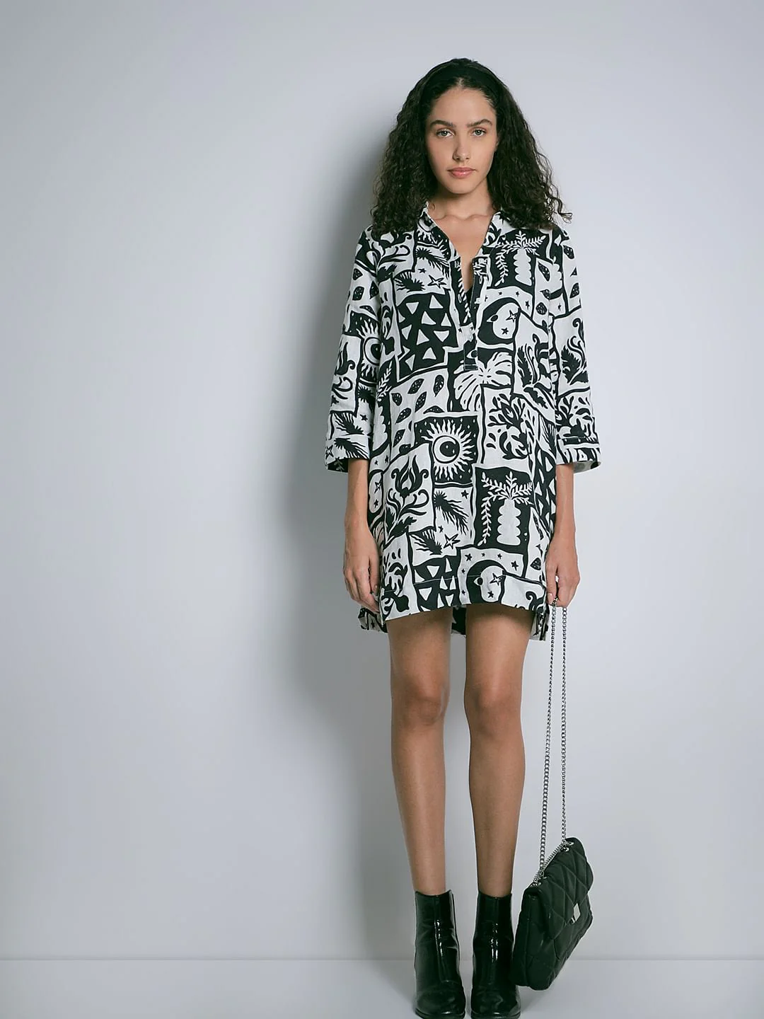 Black Printed Linen Mini Shirt Dress
