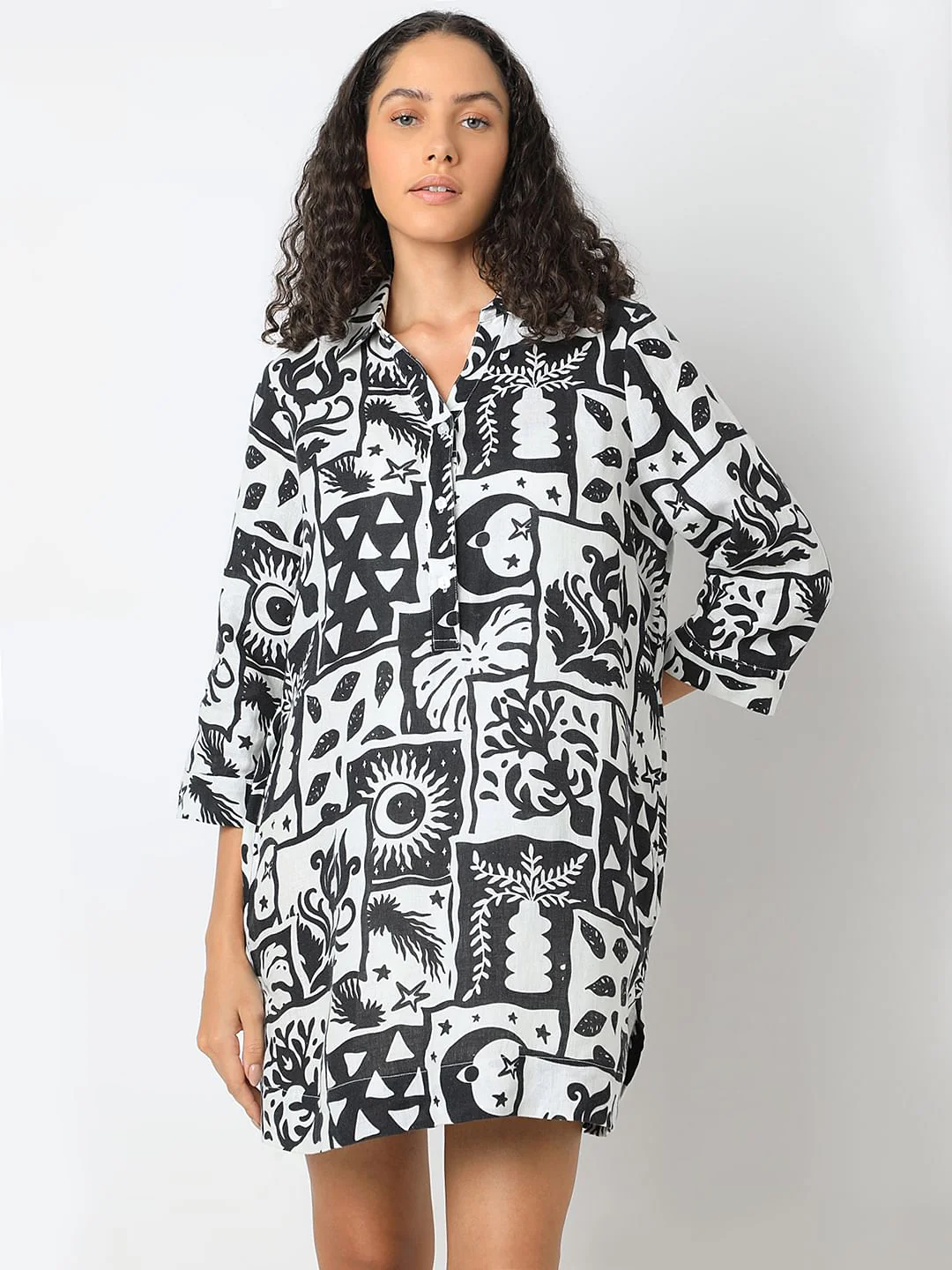 Black Printed Linen Mini Shirt Dress - Image 2