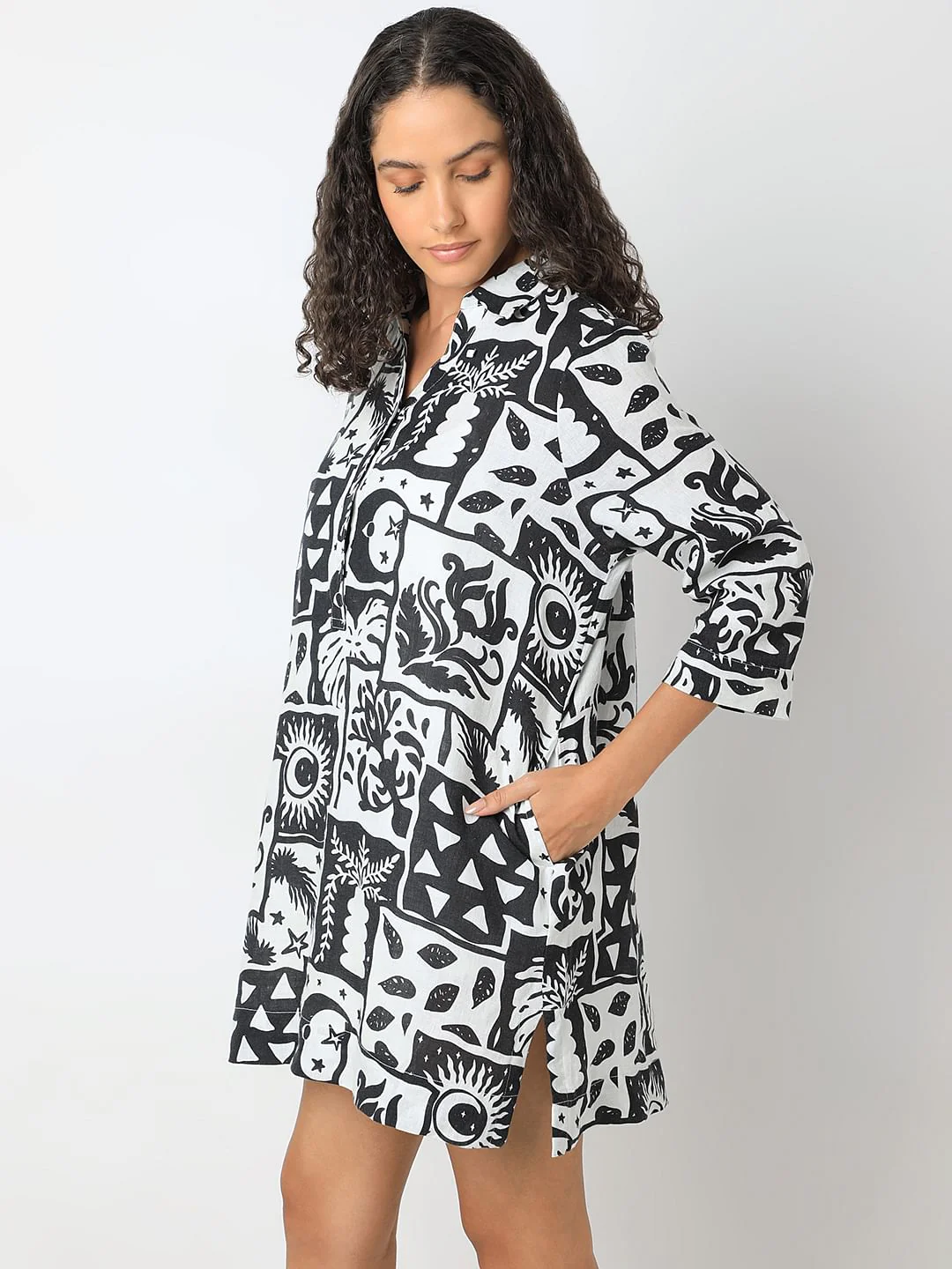 Black Printed Linen Mini Shirt Dress - Image 3