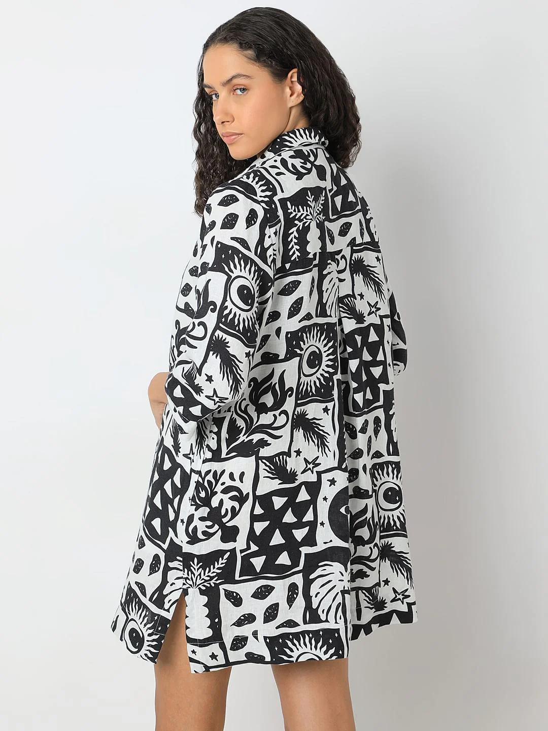 Black Printed Linen Mini Shirt Dress - Image 4