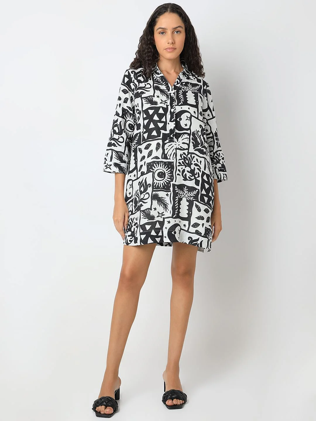 Black Printed Linen Mini Shirt Dress - Image 5