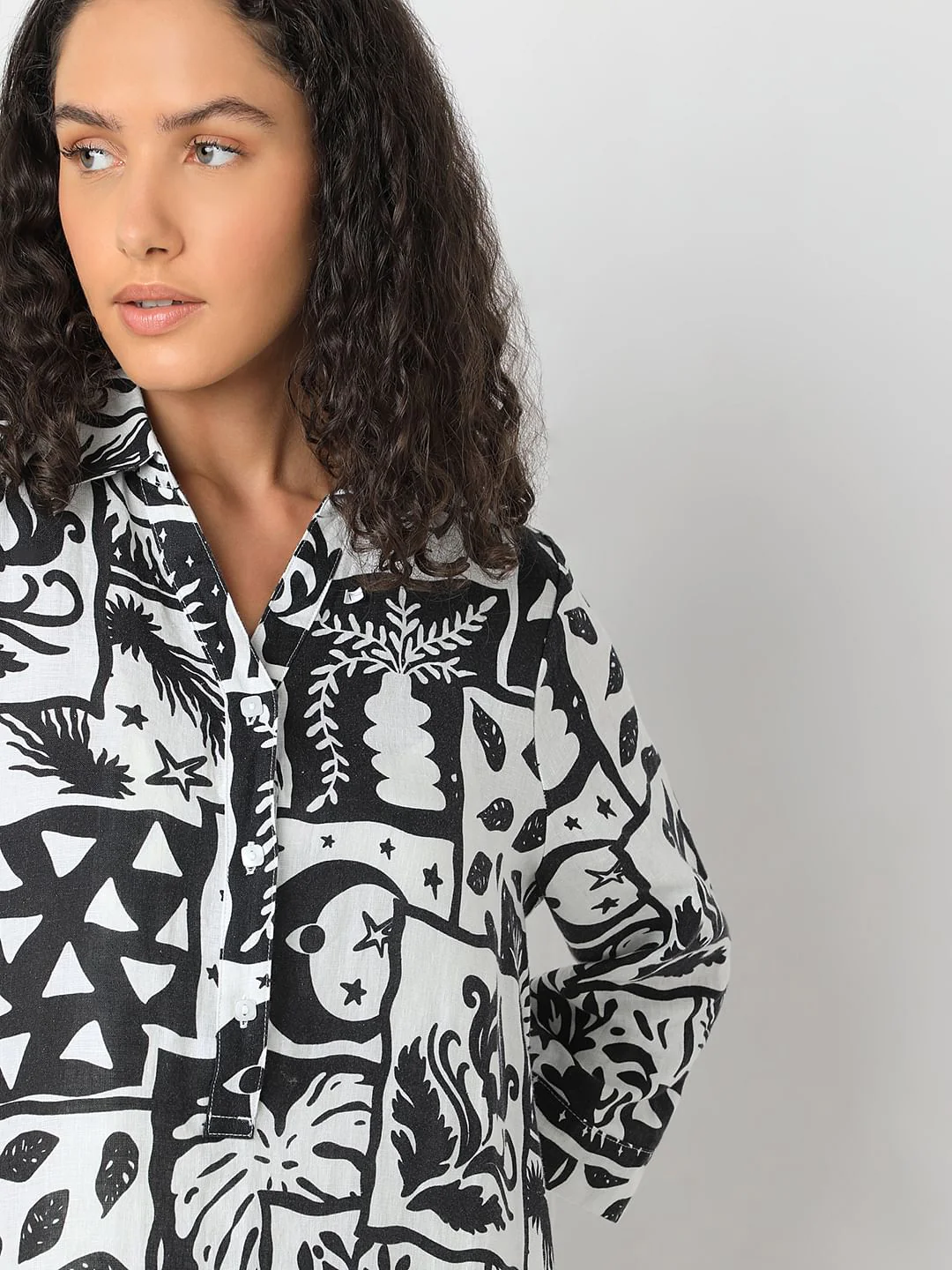Black Printed Linen Mini Shirt Dress - Image 6