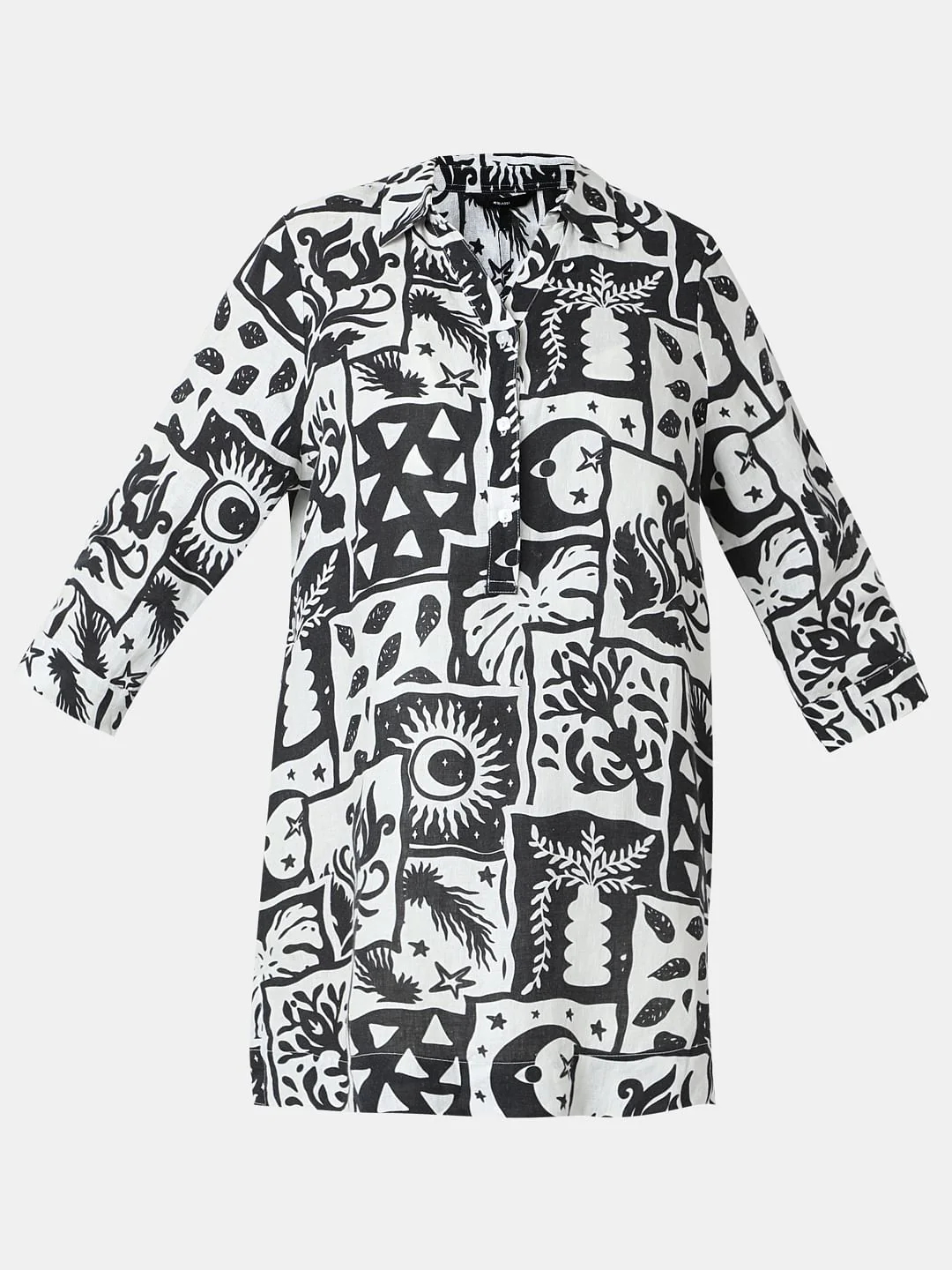 Black Printed Linen Mini Shirt Dress - Image 7