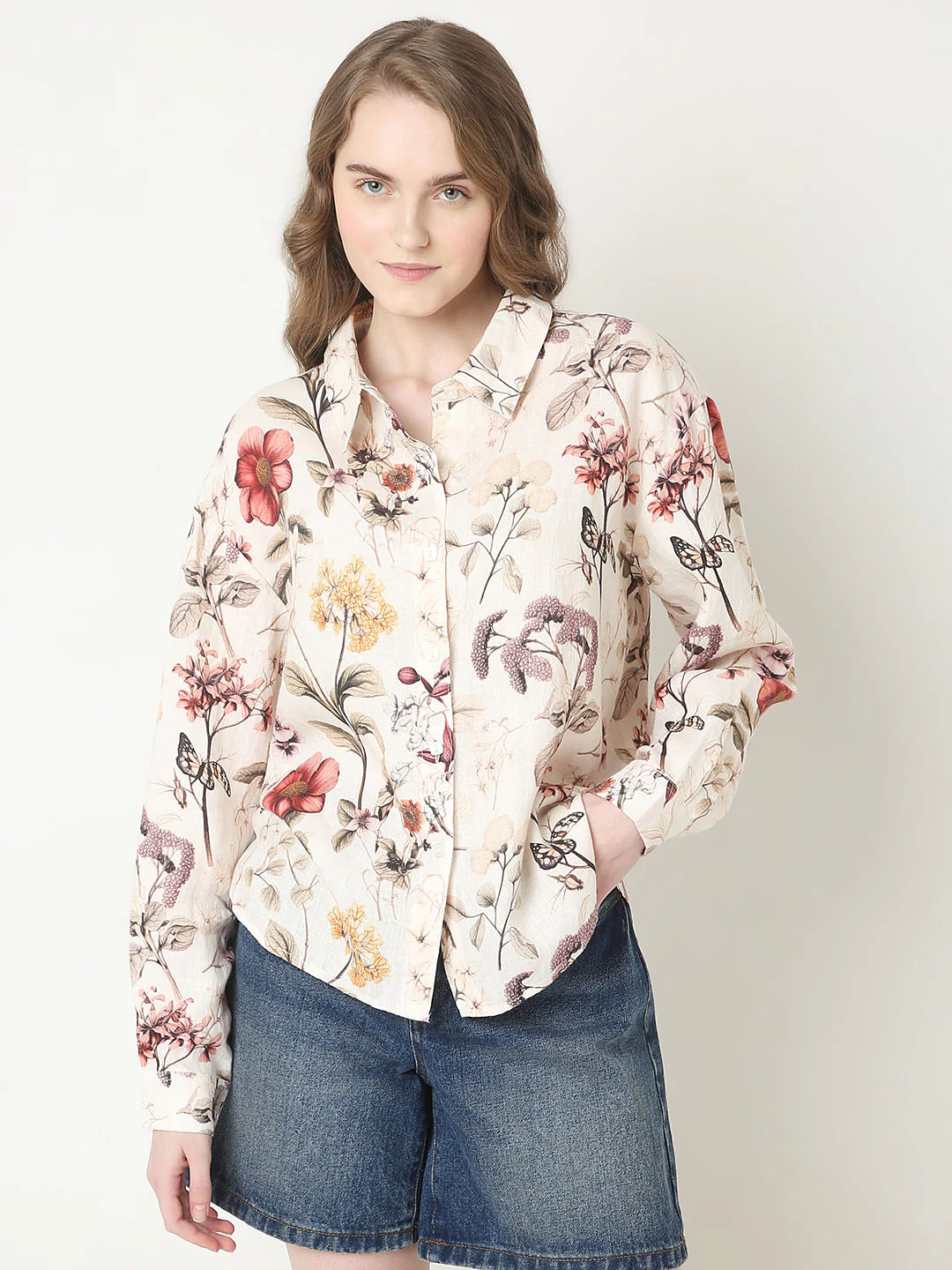 White Floral Print Linen Shirt - Image 2