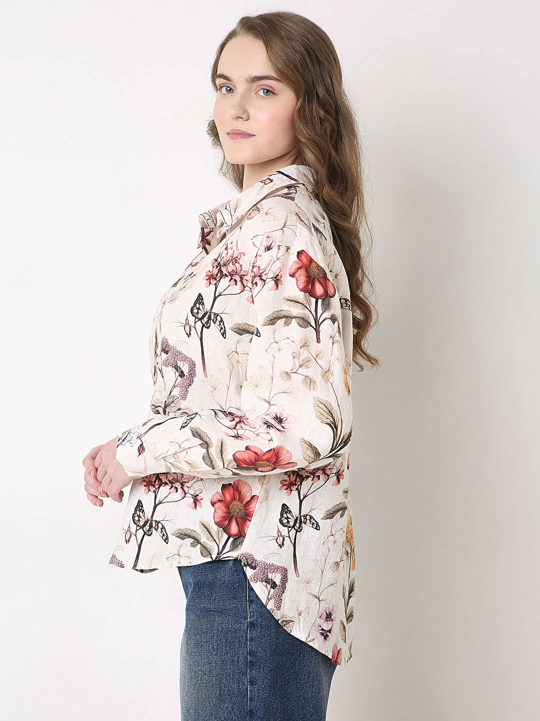 White Floral Print Linen Shirt - Image 3