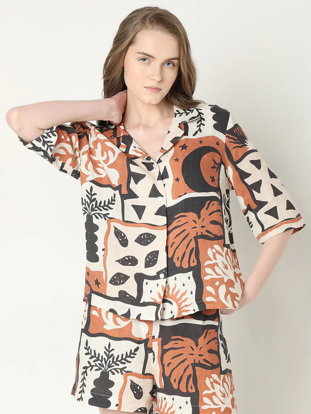 Light Brown Printed Linen Co-Ord Set Shirt - Image 2