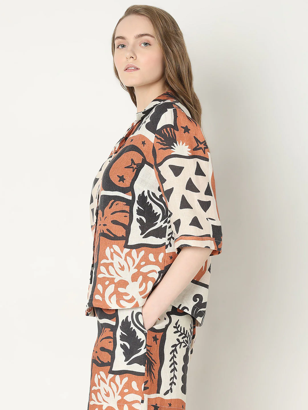 Light Brown Printed Linen Co-Ord Set Shirt - Image 3