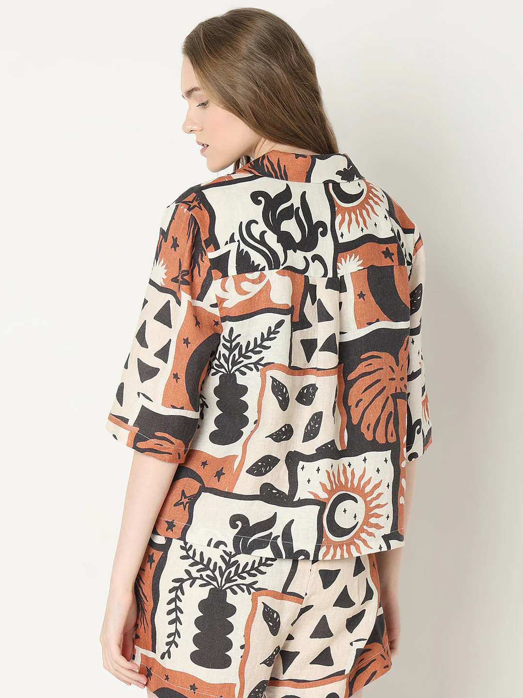 Light Brown Printed Linen Co-Ord Set Shirt - Image 4