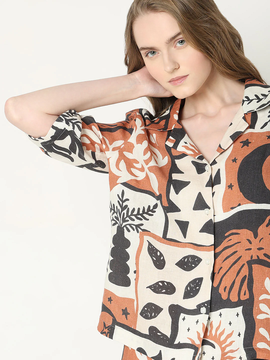 Light Brown Printed Linen Co-Ord Set Shirt - Image 6