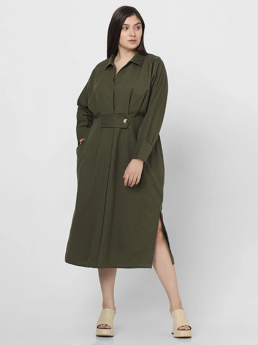 Curve Olive Green Midi Shirt Dress - Image 2