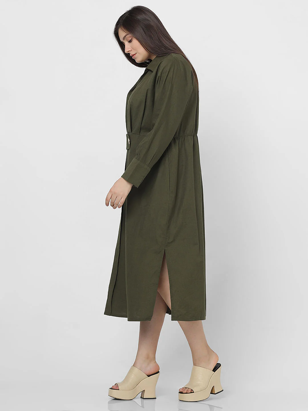 Curve Olive Green Midi Shirt Dress - Image 3