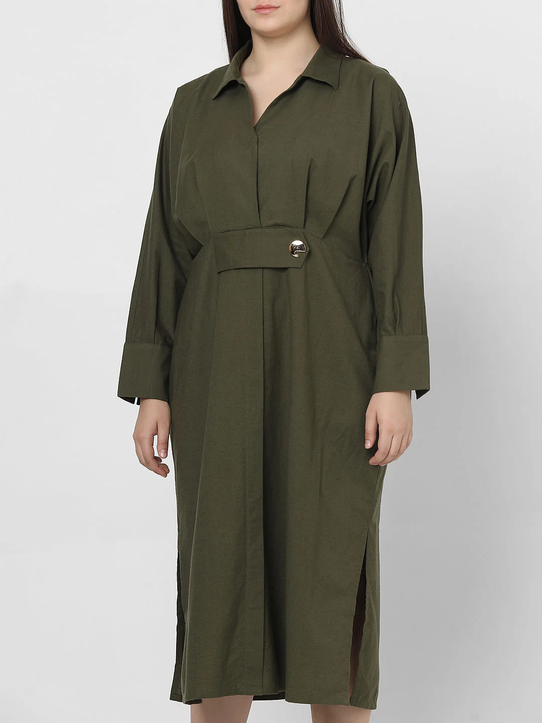 Curve Olive Green Midi Shirt Dress - Image 5