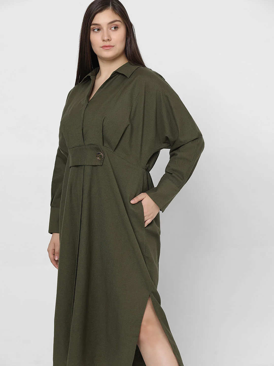 Curve Olive Green Midi Shirt Dress - Image 7