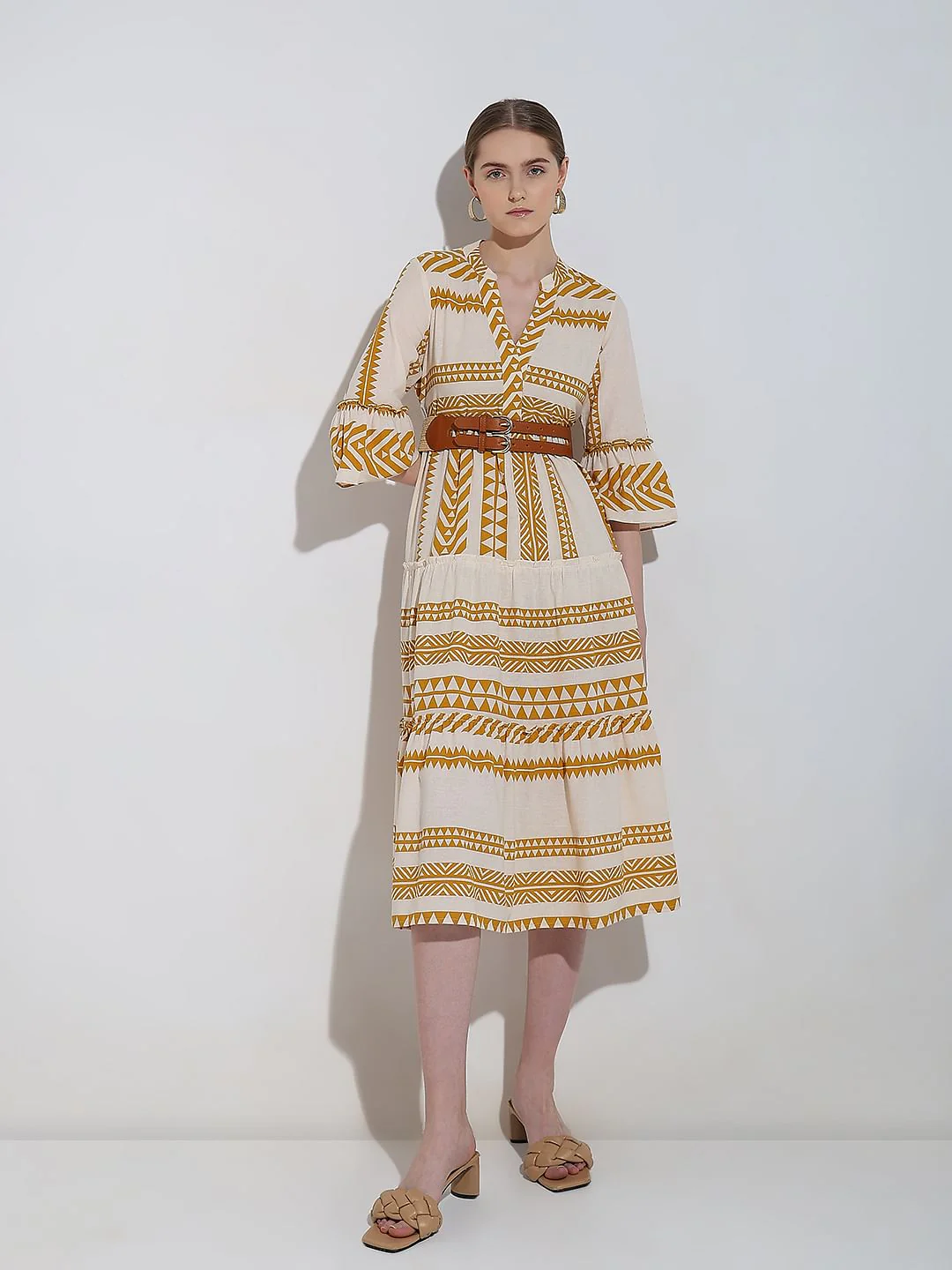 Cream Printed Cotton Midi Dress