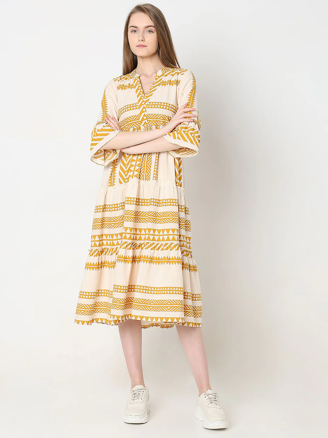 Cream Printed Cotton Midi Dress - Image 2